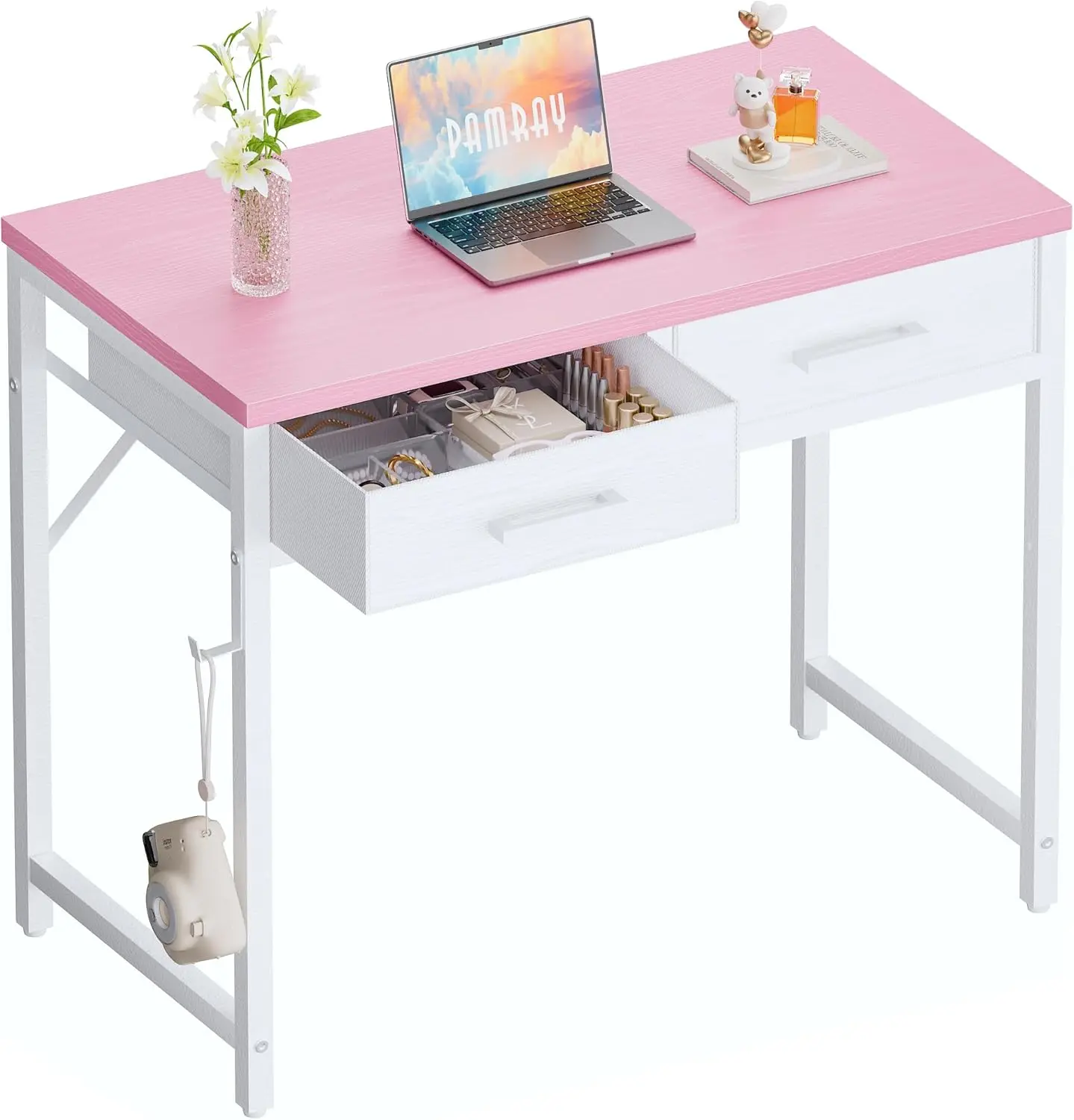 

32 Inch Small Computer Desk with 2 Drawers for Bedroom Study Home Office Table Pink