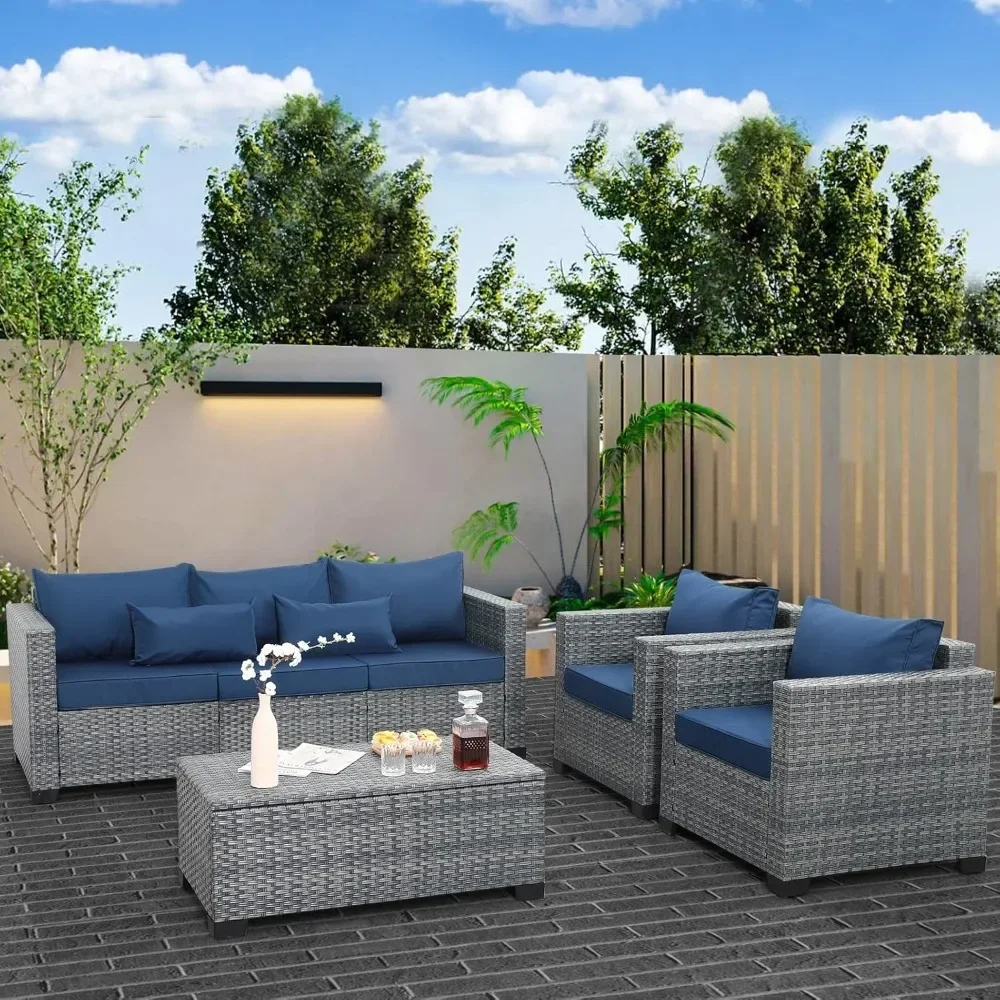 

4 Piece Wicker Patio Furniture Sets Outdoor Conversation Set PE Rattan Sectional Sofa Couch w/ Storage Table and Royal Cushions