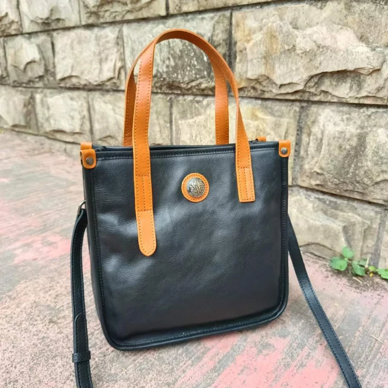 2022 Simple Niche Retro Tote Bag Contrast Color Vegetable Tanning Water Dyed Cowhide Large Capacity Portable Shoulder Messenger