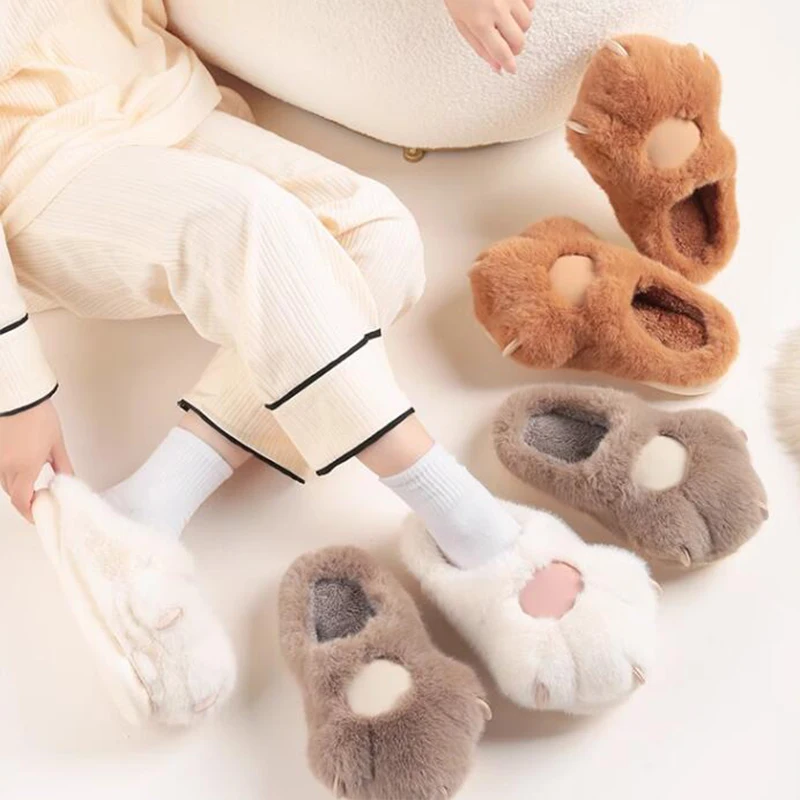 Fuzzy Plush Slippers Funny Cute Cats Paw Slipper Warm Pad Cartoon Furry Slippers Bear Paw Anti-slip Indoor Floor Shoe