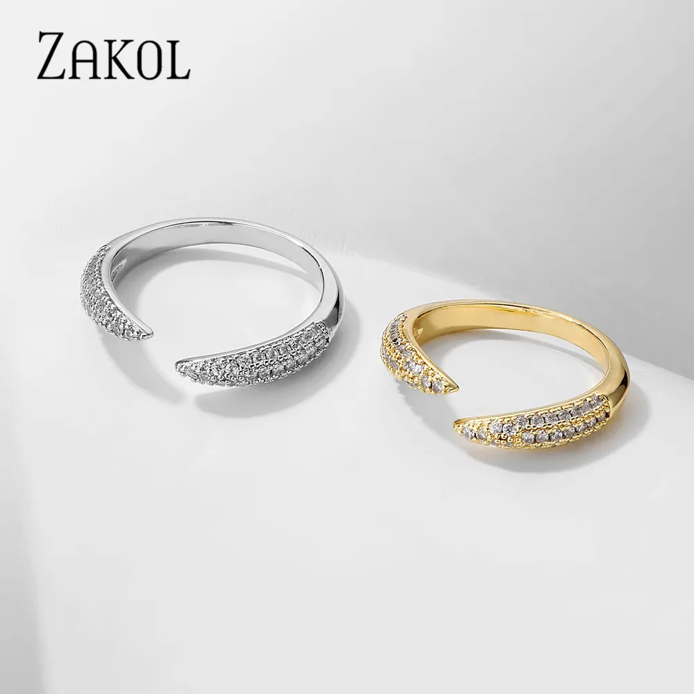 ZAKOL Korea Shinny Wedding Open Rings for Women Fashion Micro Inlaid Cubic Zirconia Adjustable Ring Party RP2266
