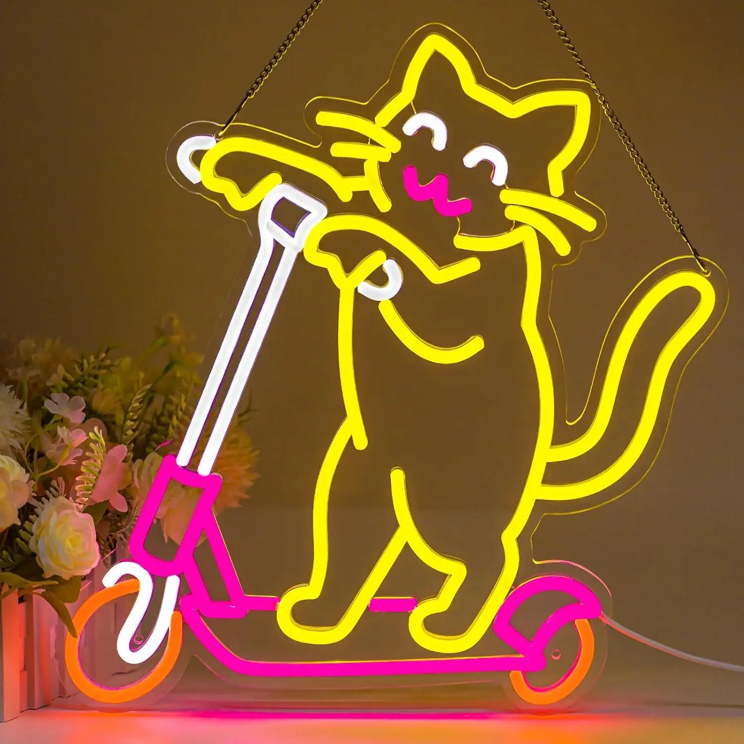 Scooter Riding Cute Cat Neon Sign Usb Dimmable Led Light For Teen Girls Bedroom Game Room Pub Party Wall Decor Holiday Gifts
