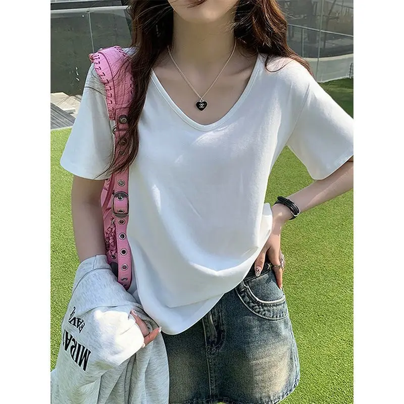 

Loose Fit V-Neck T-Shirt Short Sleeve Low Collar Big Opening Slimming Effect Summer White Casual Comfortable Women's Top