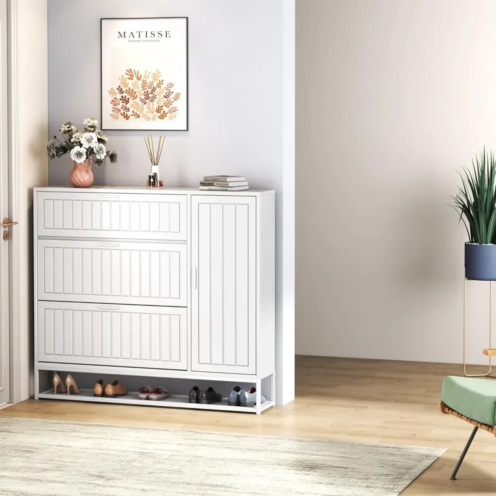

White Entryway Shoe Cabinet with Adjustable Shelves & Doors – Shoe Storage Rack for Entryway