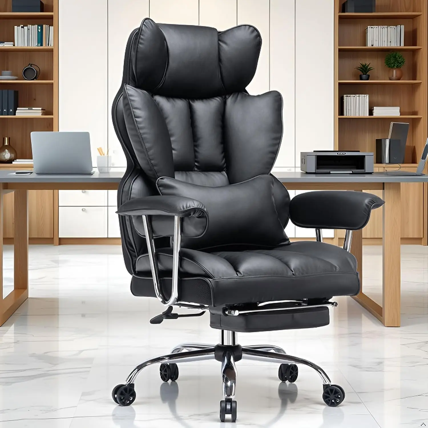Efomao Big and Tall Office Chair with Foot Rest 400LBS, PU Leather Computer Chair, Heavy Duty Executive Office Chair with Lumbar Support, Black Home Office Chairs | 400lbs support, 135° recline, dual-layer foam cushion, 23.5