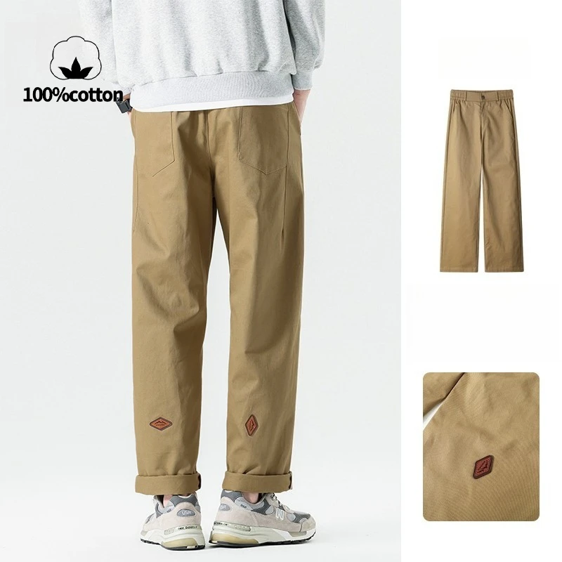 

Fall Japanese & HK Retro 100% Cotton Letter Patch Belt-Buckle Straight-Leg Big & Tall Trousers for Men