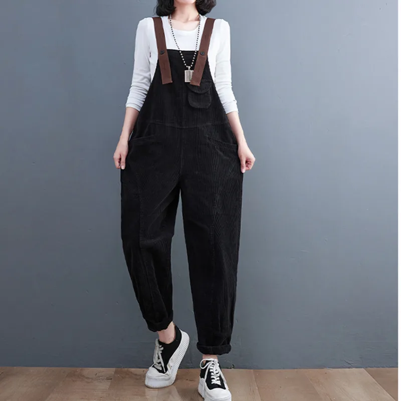 #2358 Autumn Winter Corduroy Jumpsuits Women Pockets Loose Rompers Womens Ladies Harem Overalls Long Jumpsuit Female Black Red