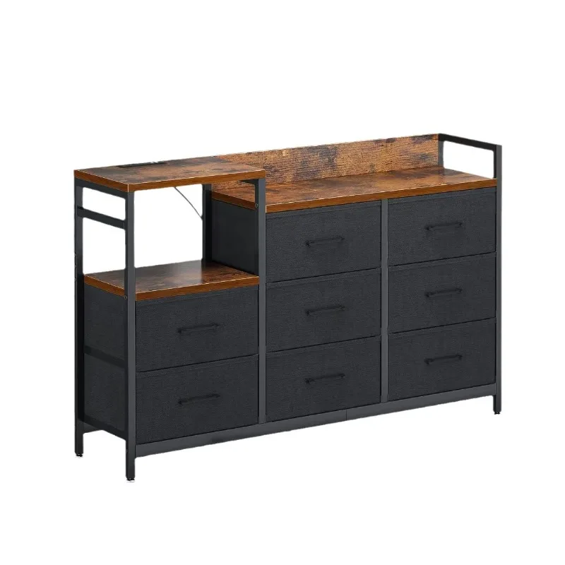 Iron and wood combined floor-to-ceiling eight-grid storage rack, US-standard bucket cabinet storage rack with socket