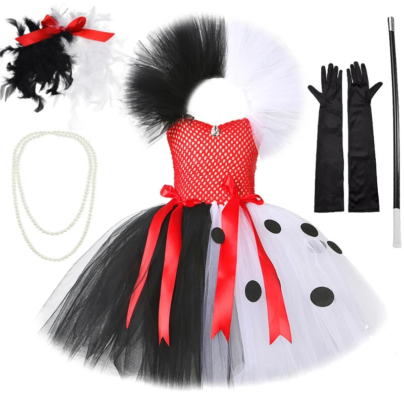 Cruella Deville Girls Costume Kids Black White Dalmatians Tutu Dress for Girls Halloween Carnival Party Villian Dress Up Clothes