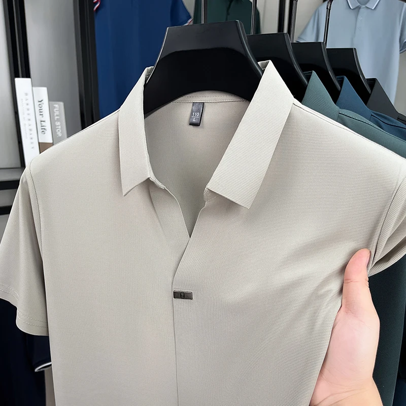 High end men's short sleeve polo shirt fashion brand simple solid color cool and breathable summer business casual lapel T-shirt