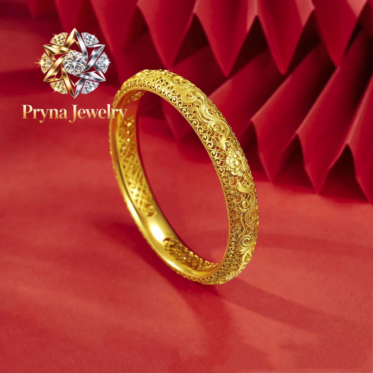 Pryna Jewelry   Bride wedding 9999 24K real gold filigree hollow bracelet women's retro light luxury bracelet bracelet