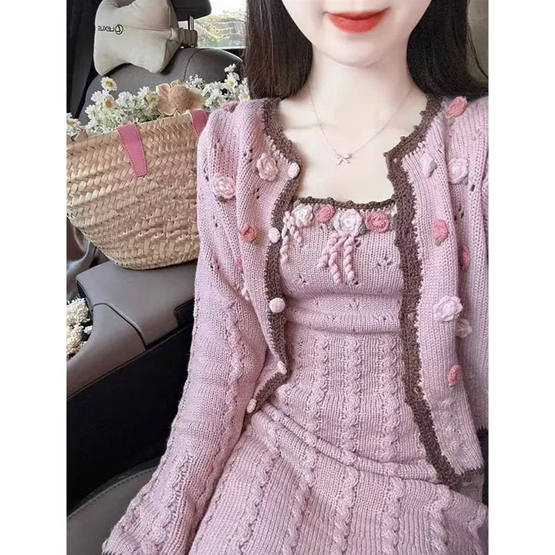 Korean Style Small Fragrance Pink Knitted Sweater Cardigan Women's Suspender Dress Autumn Winter Knitted Sweater Set 2 Pieces