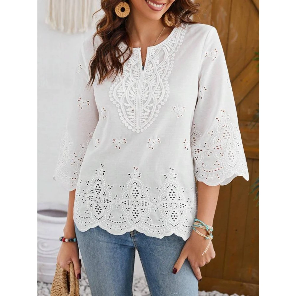 

Women White Lace Eyelet Embroidered Blouse 3/4 Sleeve O-Neck Casual Cotton Tunic Top Bohemian Blouse Summer Spring Shirt