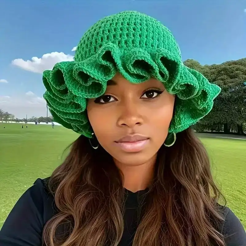 Colorful Crochet Ruffle Bucket Hat Warm Stretch Knit Hat New Year Celebration Women's Fashion Handmade Beanie Hat Tool Tentacle