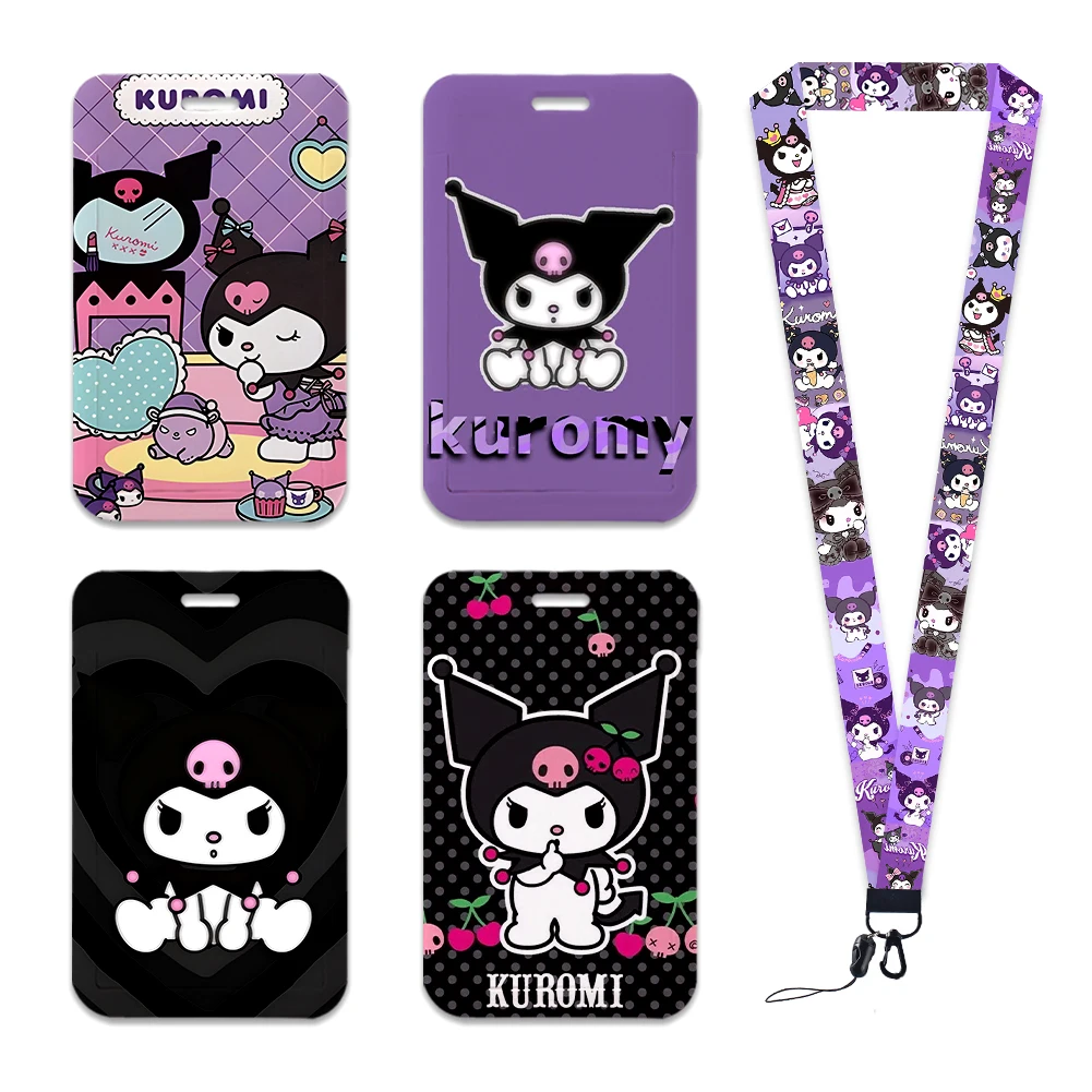 

W Custom Cartoon Kuromi Lanyard Kids Keychain Key Badge Women Mobile Phone Rope Lanyard With Kawaii Card Holder Cover