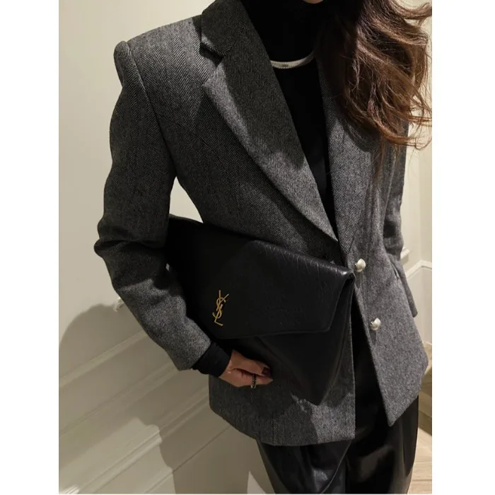 Costume Chic rétro Sle pour femmes, Jaet haut de gamme en laine Tweed métal bleu mi-long, coupe cintrée, haut de transport coupe-vent