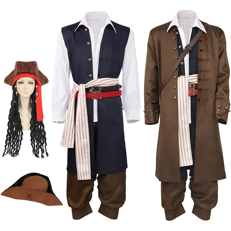 

Movie Jack Cosplay Costume Captain Jacket Uniform for Men Pants with Belt Pirate Full Set Halloween Carnival Party Outfits Set