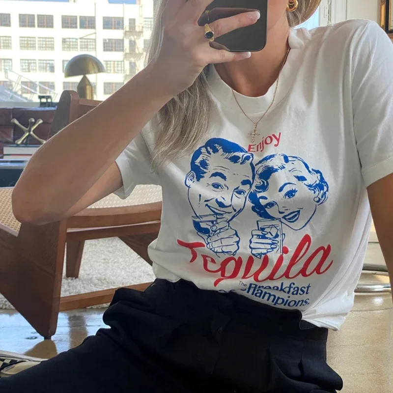 Genießen Sie Tequila Retro Grafik T-Shirts Frauen Hippie niedlichen lustigen Alkohol trinken T-Shirts Vintage Mode T-Shirts Tops Unisex-Kleidung