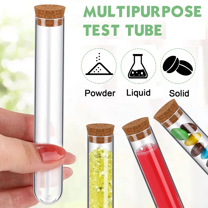 Tubo de ensayo de plástico transparente de laboratorio, Vial de tubo de fondo redondo con botellas rellenables de corcho, 100 Uds.