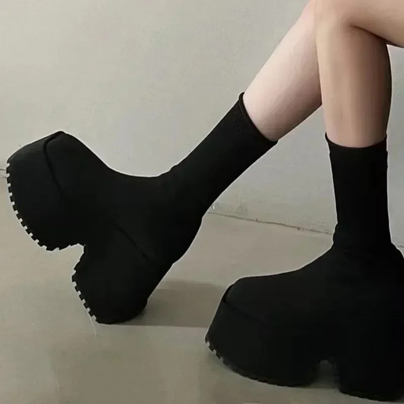 

Large 2025 New Coarse Heel Knitted Elastic Boots for Women High Heels Two Wear Elastic Knitted Cotton Boots Size 42