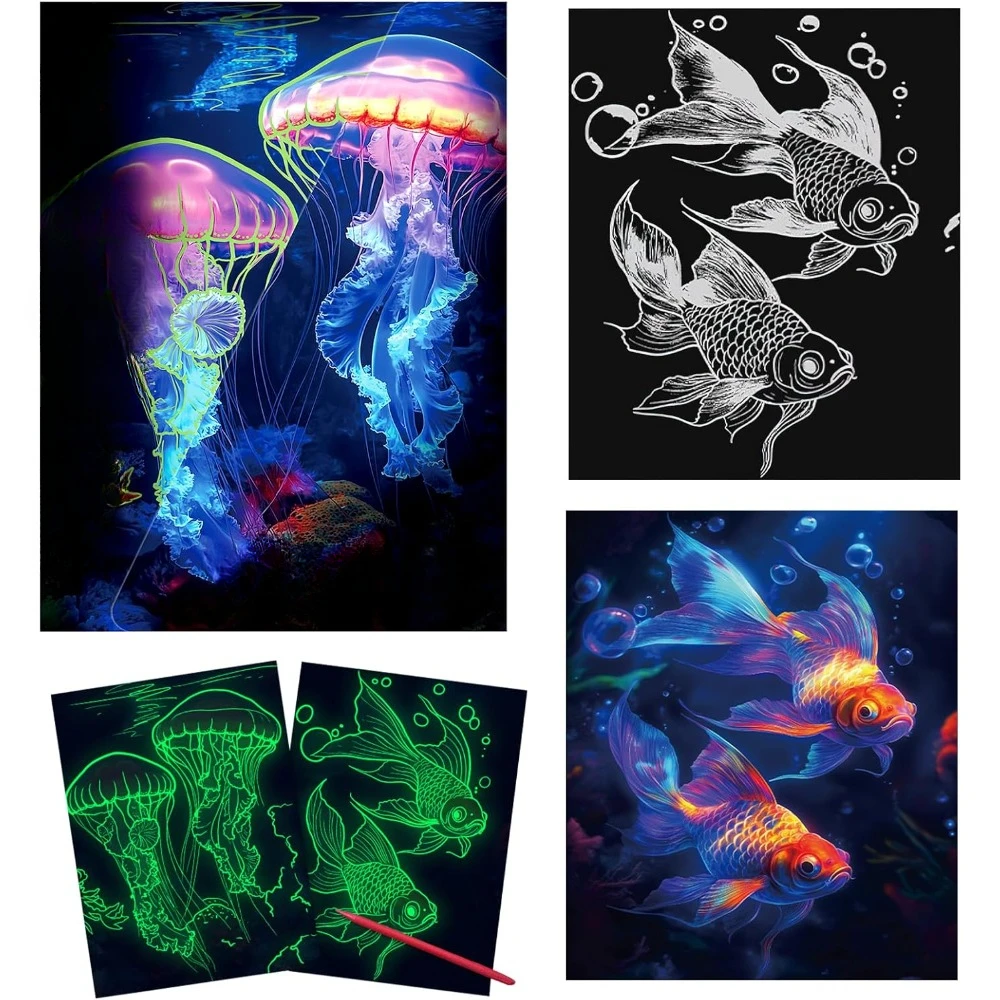

Adult and adolescent scratch art, 4 sheets of scratch paper glowing in the dark rainbow, beautiful night scene scratch paintings