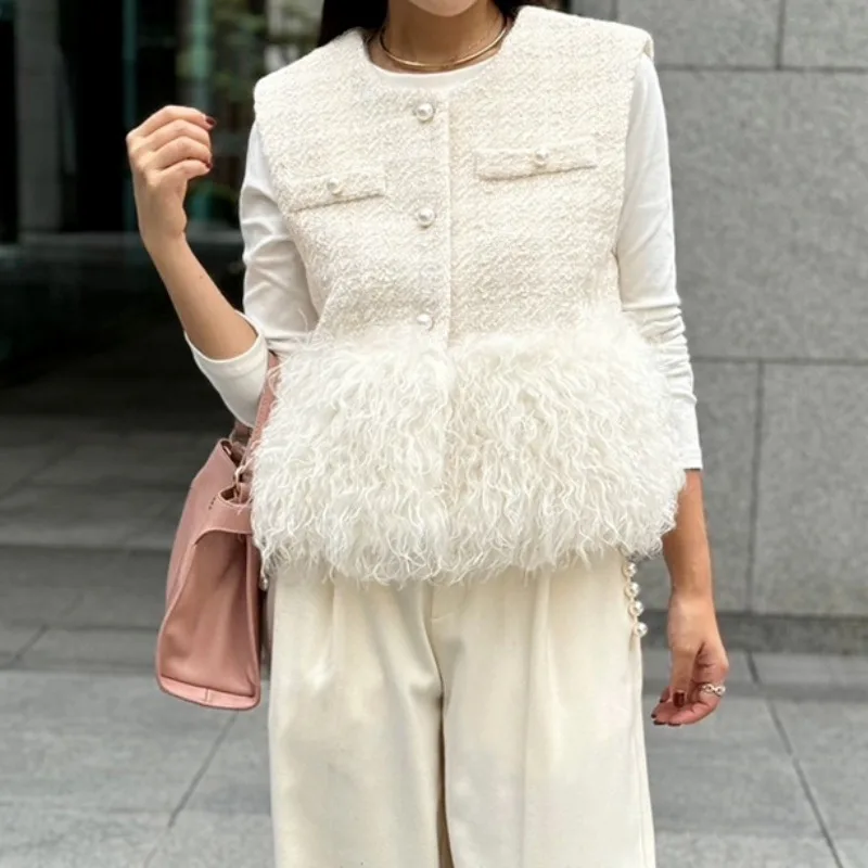 OCEANLOVE Tweed Faux Fur Patchwork Jackets Women Japanese Style Solid Elegant Short Vests Fashion Vintage Chaquetas Mujer