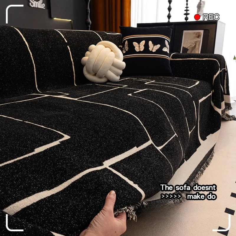 Luxury Thickened Plush Sofa Towel for Living Room Autumn Winter Universal Couch Cover Geometric Stripes Full Cover Sofa Towel