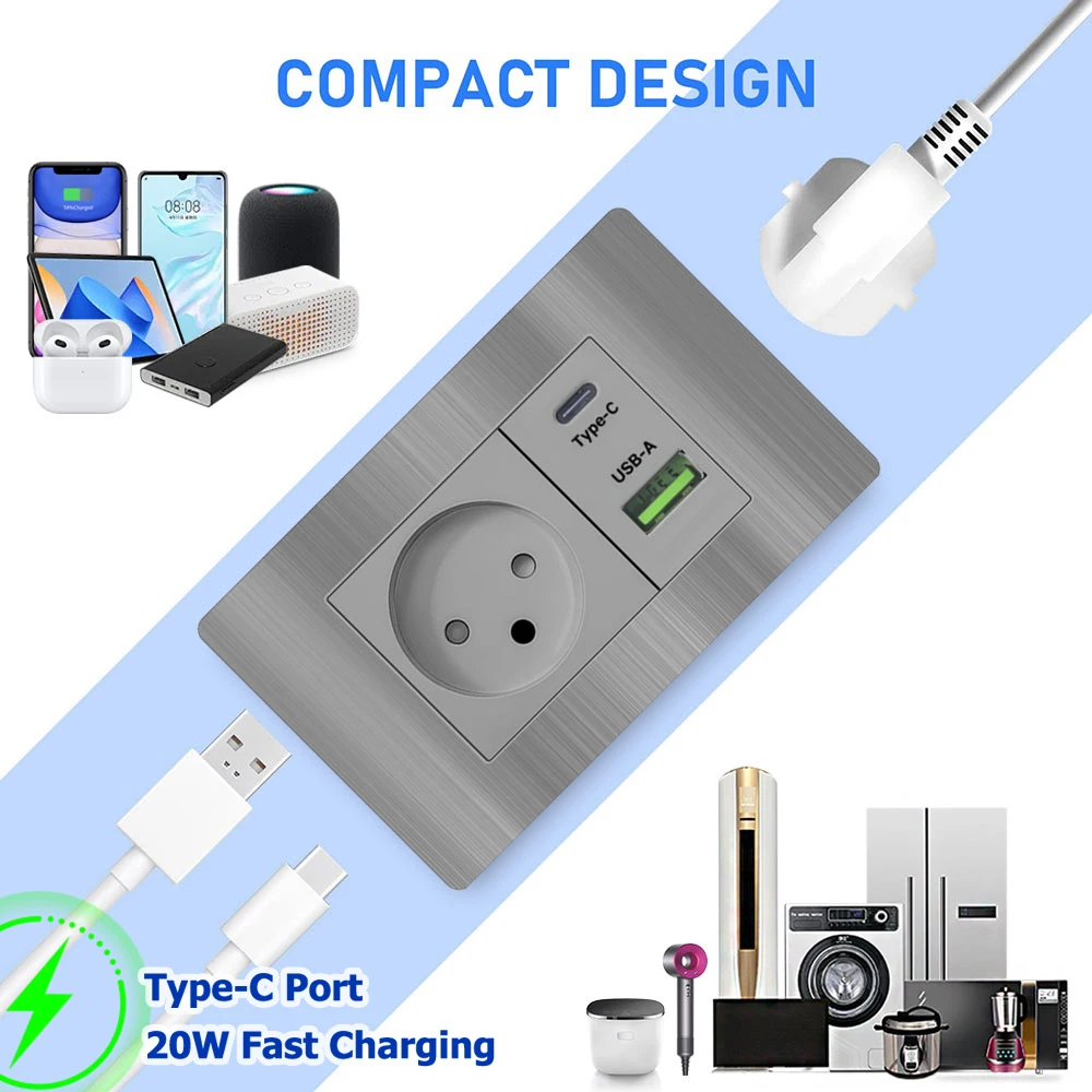 EIOMR Israel USB Type C Fast Charging Wall Socket, 118*75mm PC Brushed Grey Panel, TV Tel Doorbell Mechanical Wall Light Switch