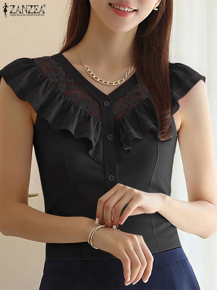 

ZANZEA Формальные рубашки женские летние топы 2025 модные с коротким рукавом с v-образным вырезом однотонная повседневная блузка элегантная офисная женская блузка OL Blusas