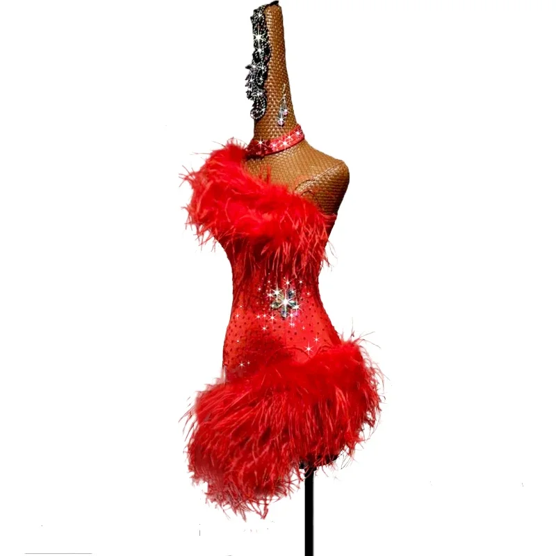 Vestido de baile latino profesional de plumas rojas para mujer, traje de Samba con flecos de diamantes de imitación, Salsa, Tango, vestidos de competición de salón