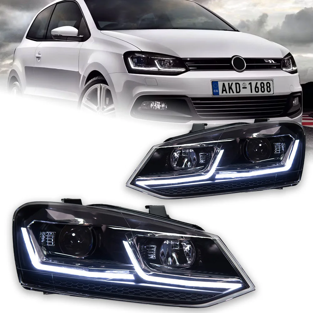 A set 2011-2018 For Polo 12V LED Lens Headlight Assembly Modification With Dual L-shaped Daytime Running Lights Turn Signals