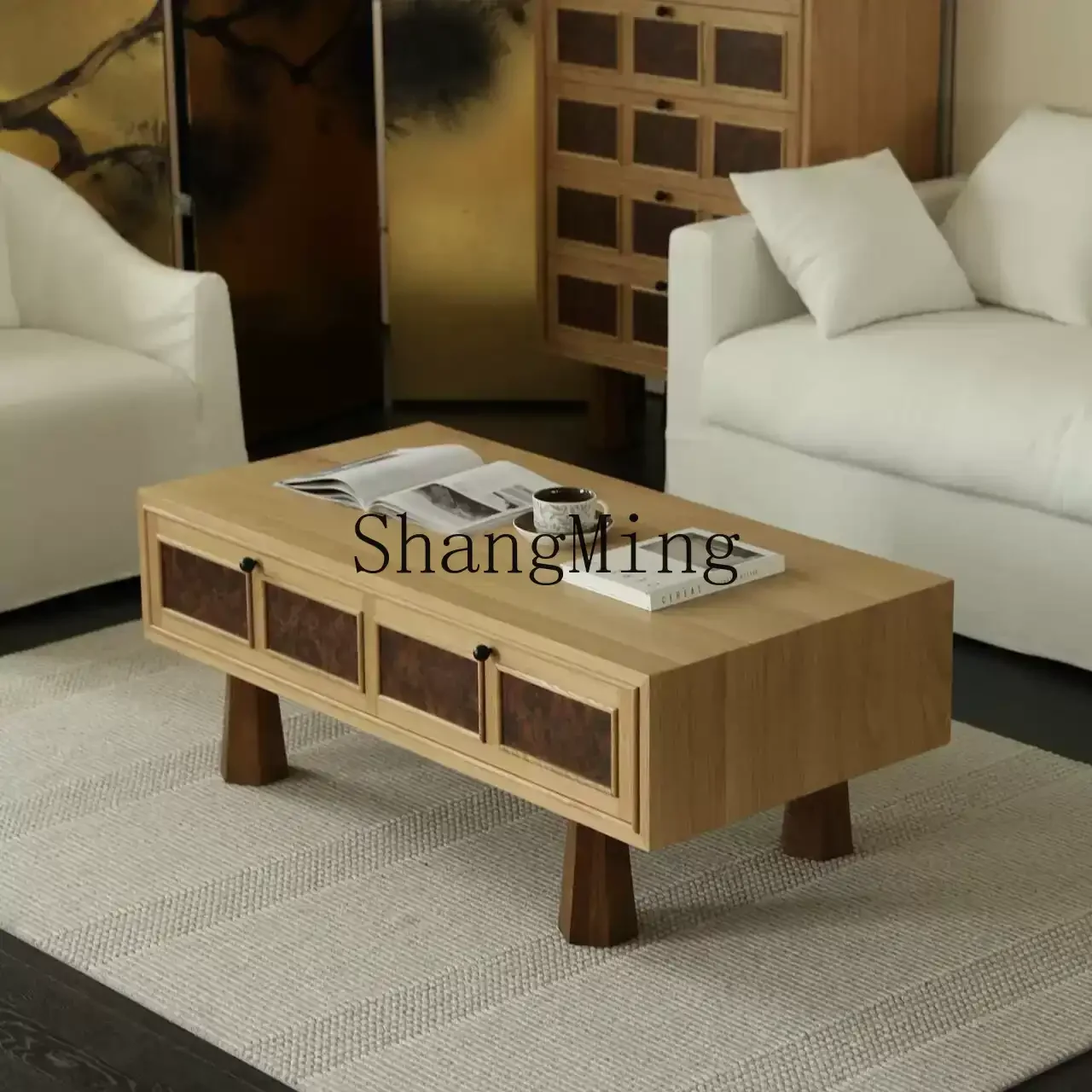 

ZYYmedieval style solid wood coffee table living room household small apartment high-end ash wood coffee table