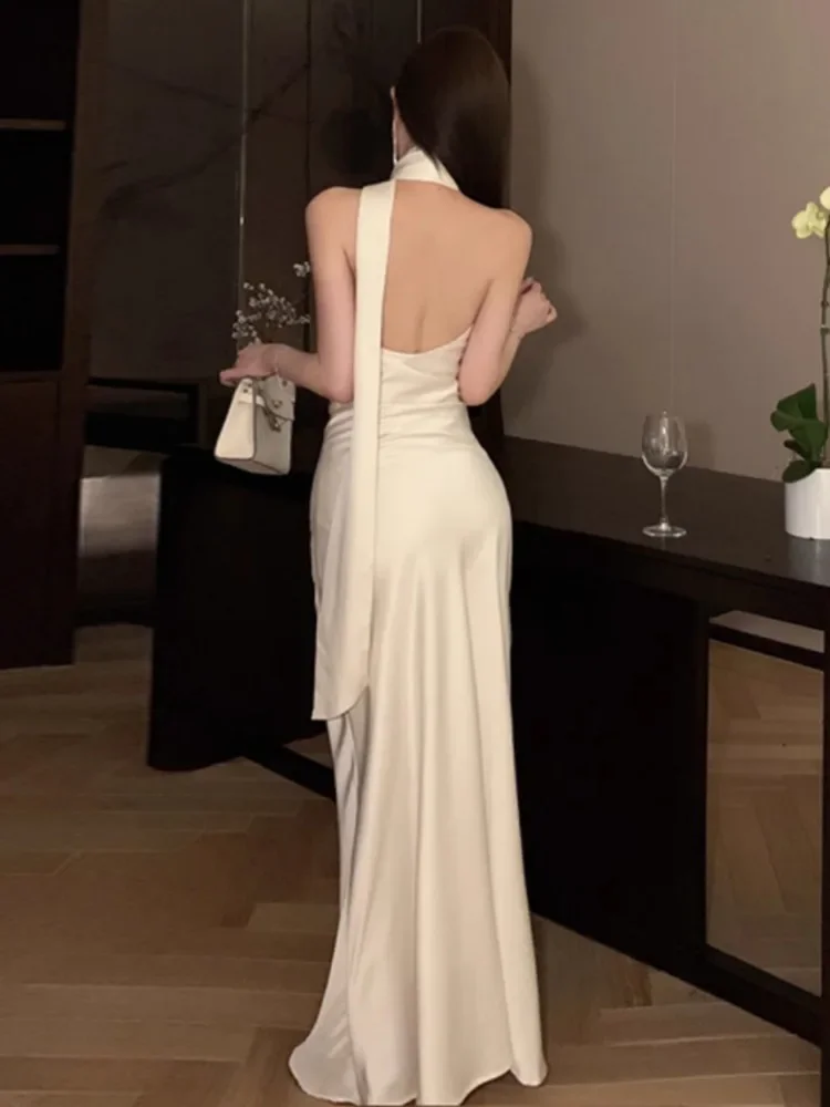 Topenomi Elegant Halter Ribbon Strapless Satin Long Dresses Women French Sexy Backless Waist Slim Fishtail Evening Party Robes