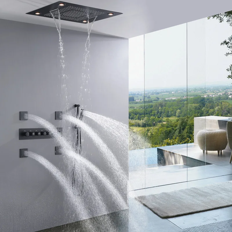 Black canopy type concealed shower top spray LED constant temperature multi-functional waterfall massage shower