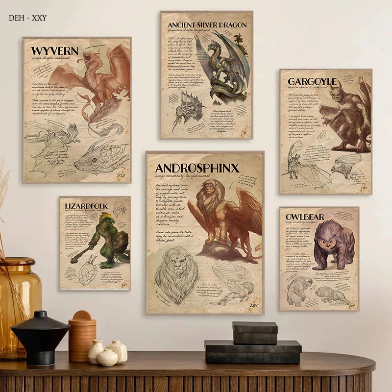 Vintage D&D Monster Manual Posters Canvas Prints Art Monsters Dragon Note Retro Posters Wall Art Paintings for Home Wall Decor