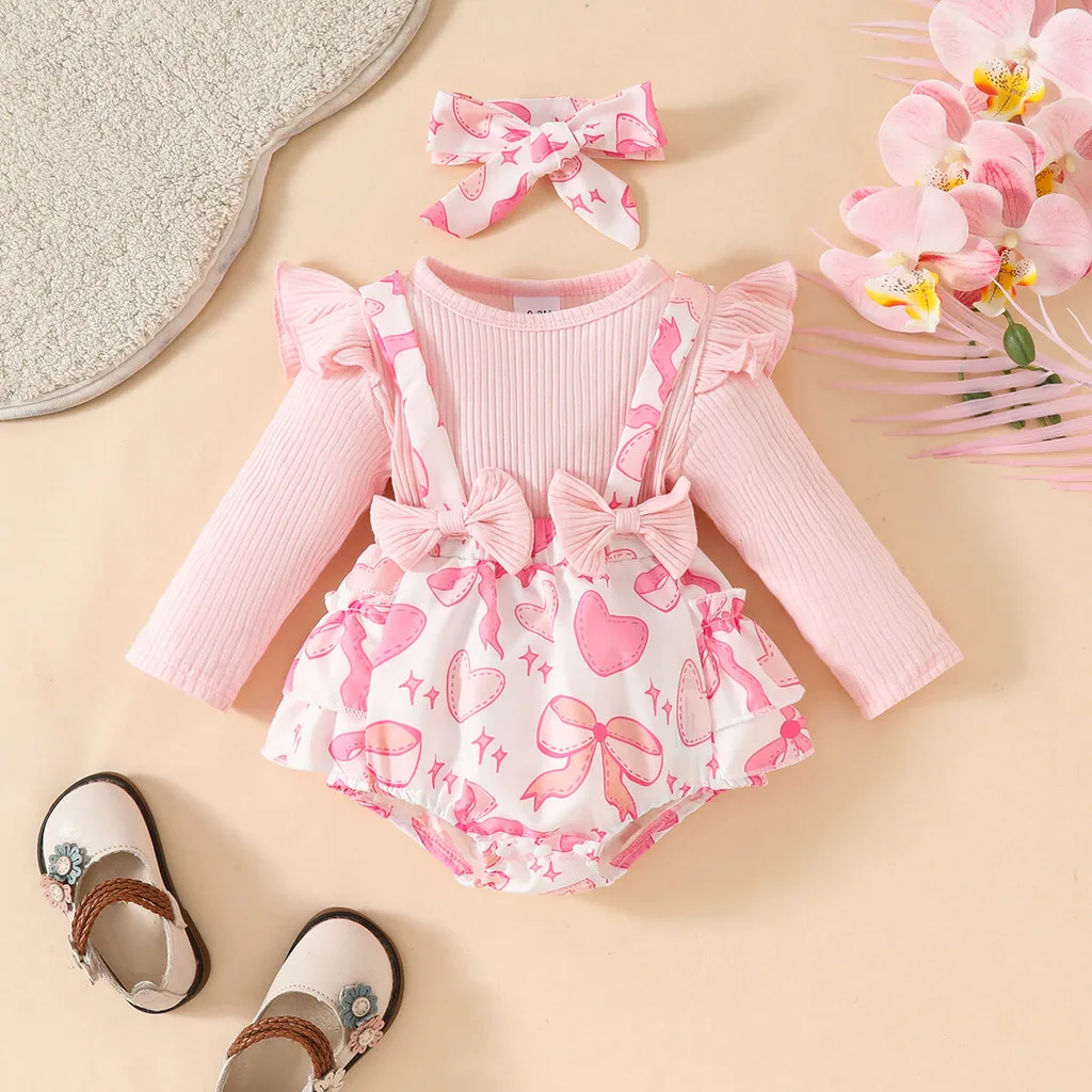 Pelele para bebé recién nacido de 0 a 18 meses, mono de manga larga con estampado de corazón y diadema, mono bonito de moda para niña pequeña