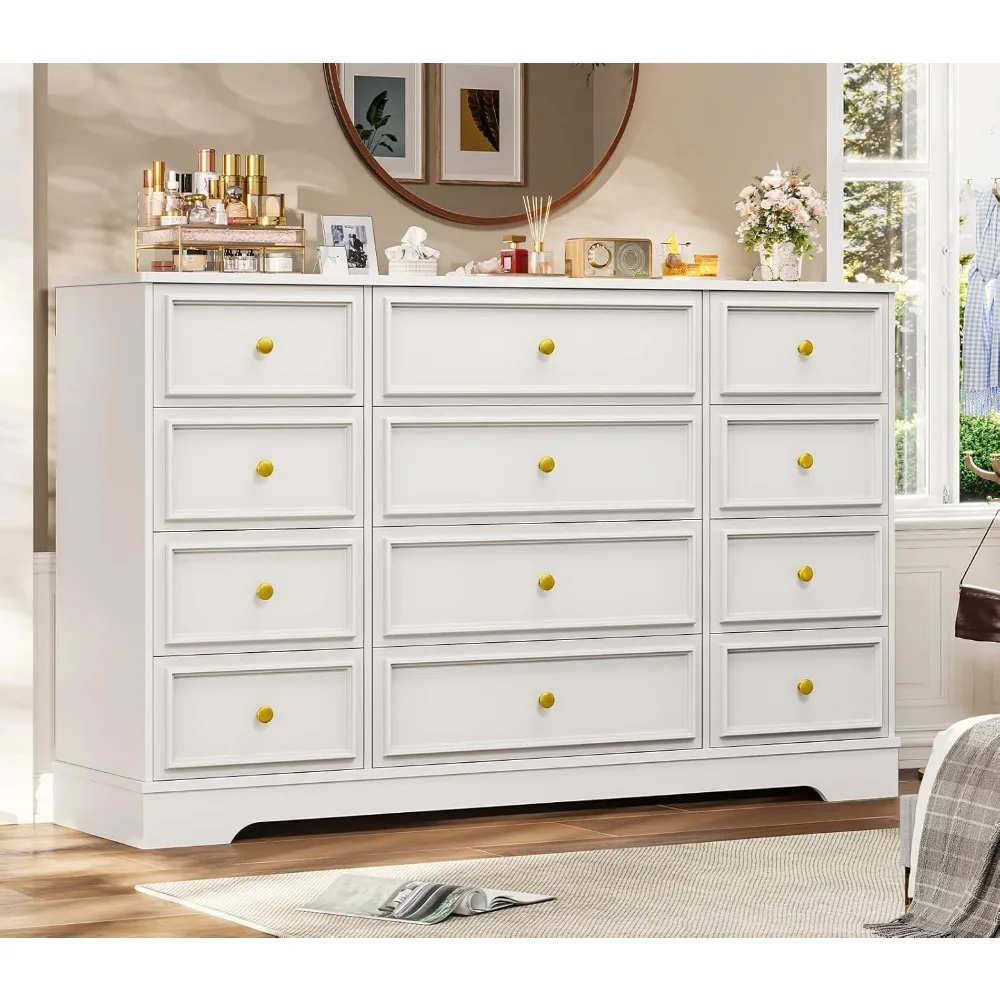 

12 Drawers Dresser, 61.4'' Long Modern Chest of Drawers, White Wide Dressers Clothes Closet, Modern Dresser