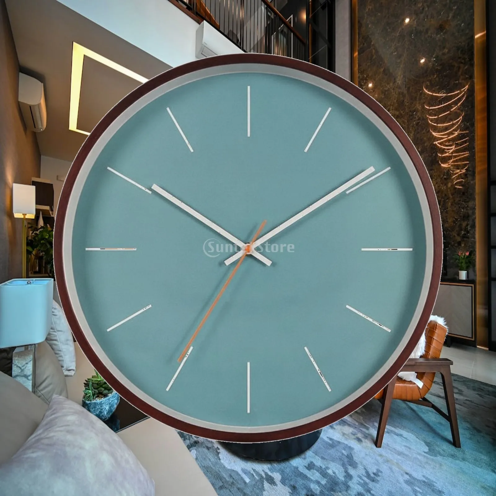Elegant Analog Wall Clock Walnut Frame Blue Face Quiet Sweep for Bedroom Office
