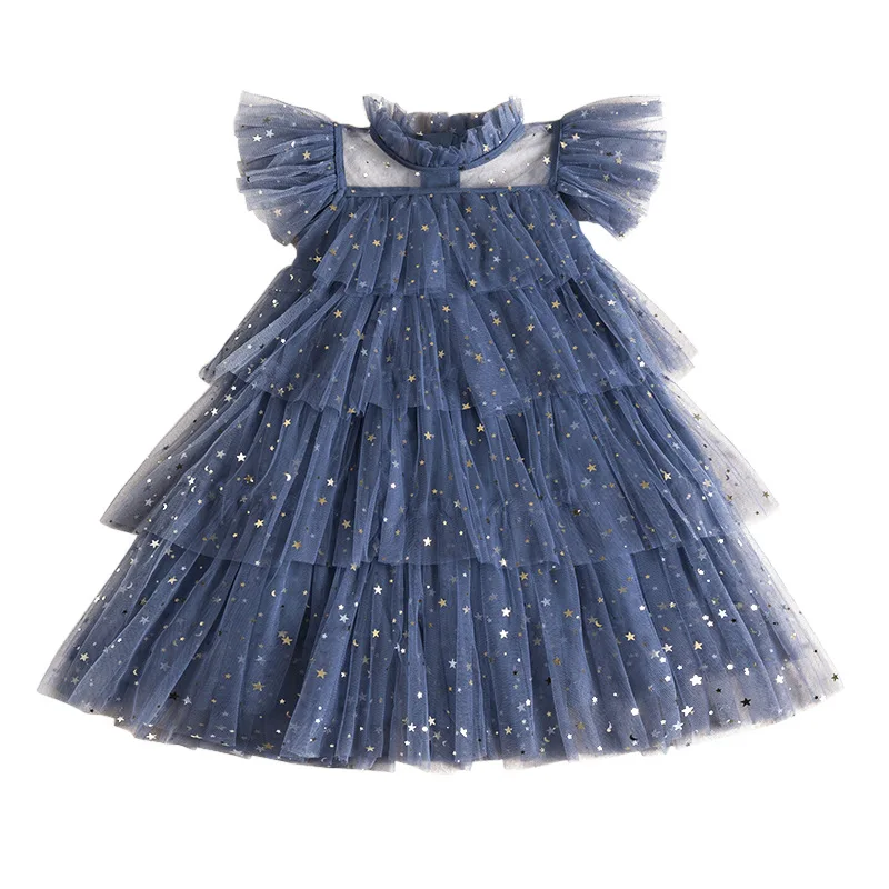 Girls Tulle Summer New Princess Dresses Fly Sleeve Sequined Star Ruffle Mesh Layered Dress Children Birthday Party Girl Vestidos