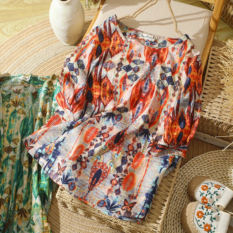 Slimming Floral Print T-irt plus Size Women's round Ne ort Sve Casual Top Thin Sle Cover Belly Summer Leisure Wear