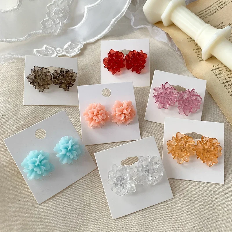 2024 Korean Irregular Flower Transparent Resin Earrings Stud Women Clear Orange White Stud Earrings Summer Earrings Jewelry Gift