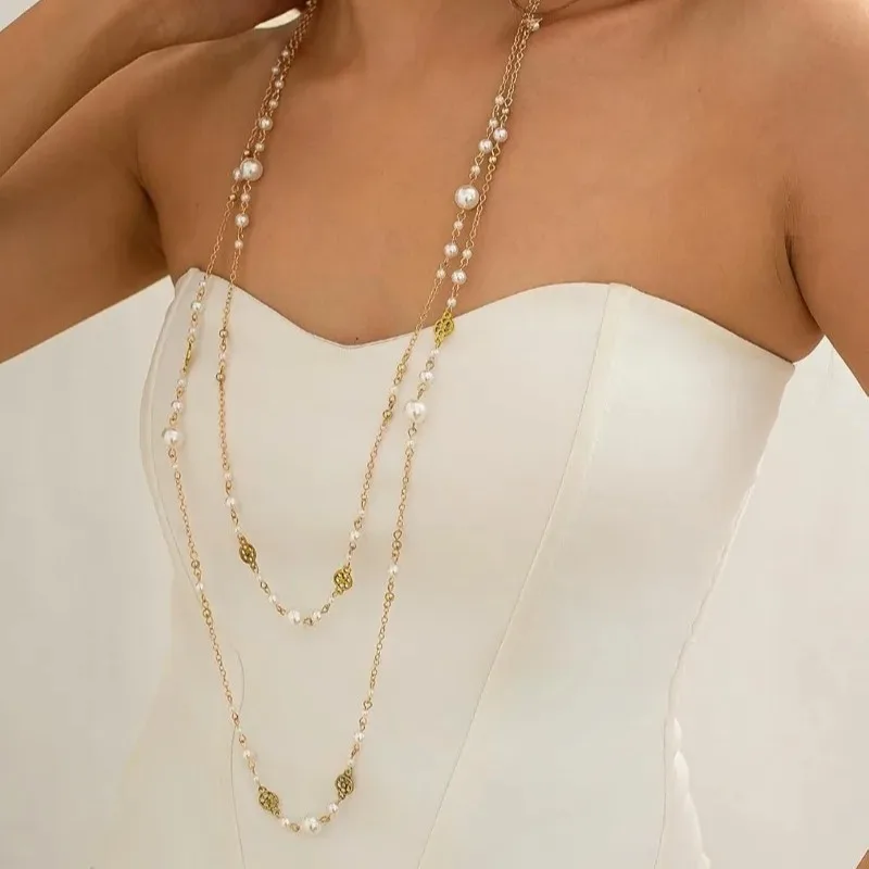 Long Gold Pearl Necklaces for Women Trendy Dainty Layered Pearl Statement Strand Chain Fashion Jewelry Gift Sweater Accessories