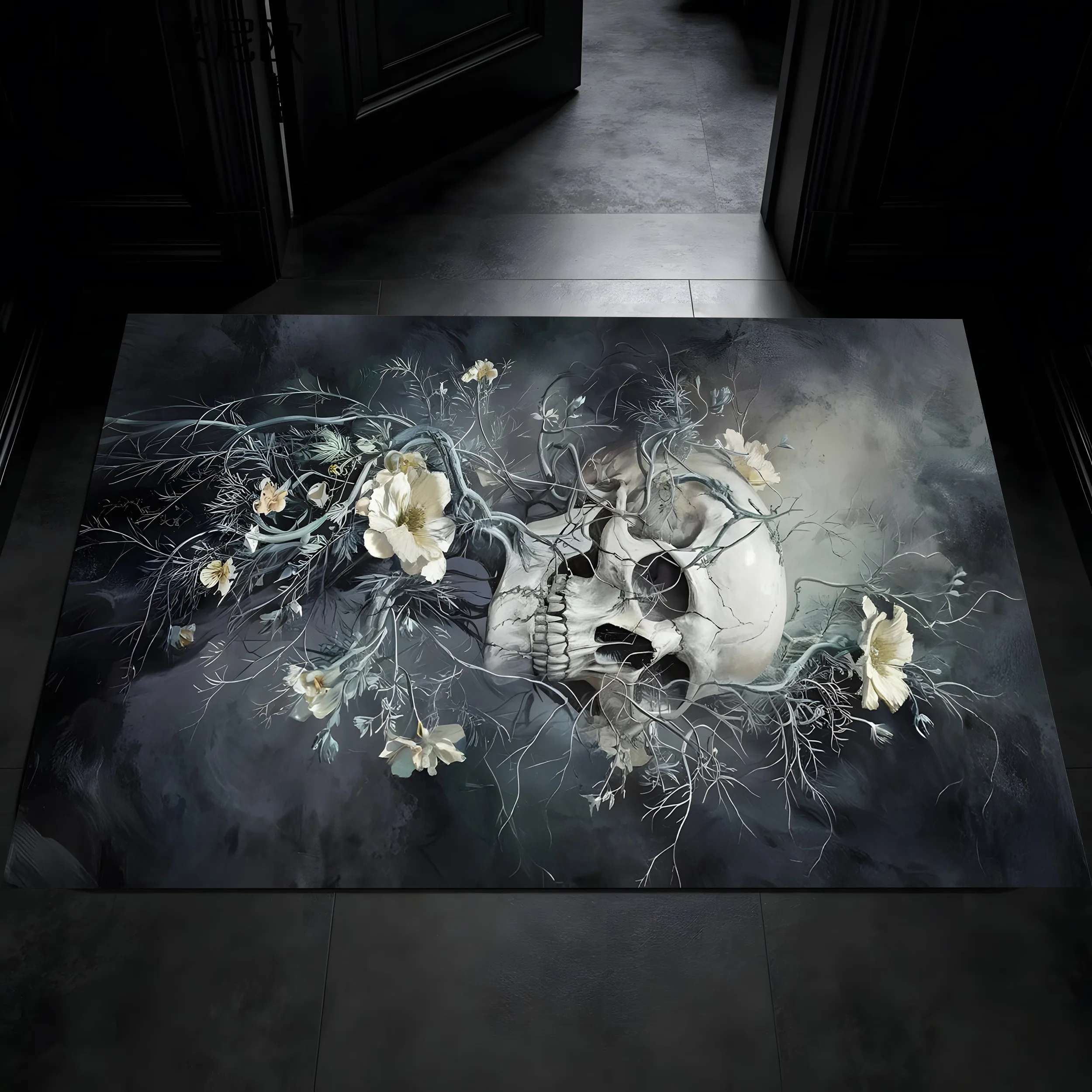 Skull Floral Print Dark Gothic Halloween Velvet Rug for Living Room Bedroom Party Unique Eerie Decor
