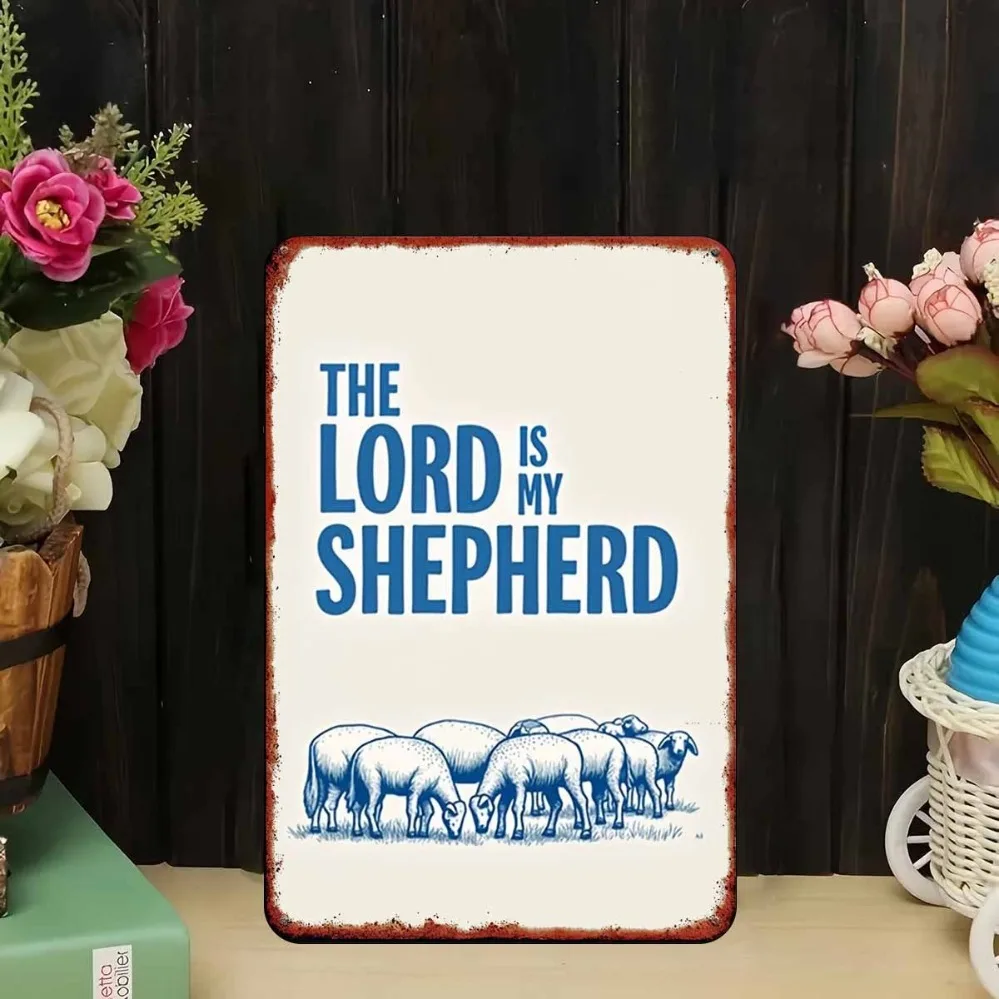 Faith Metal Sign Blue Fabric Background Psalm 23 The Lord Is My Shepherd Bible Verse Tin Sign Wall Decor for Bedroom Bar Garage
