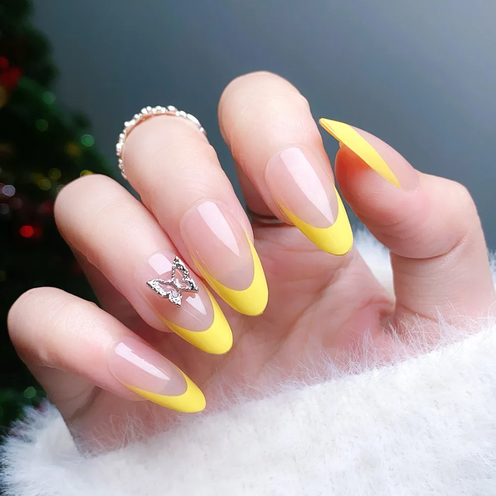 Verão Imprensa Em Unhas Falsas, Borboleta Diamante Prego Patch, Amêndoa Imprensa Em Unhas Dicas, Amarelo, Francês, 3D, 24 pcs