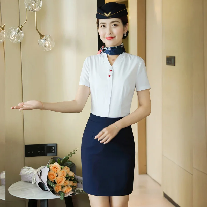 New summer flight attendants professional dress women's white shirt uniform suit shirt skirt stewardess aviation clothing