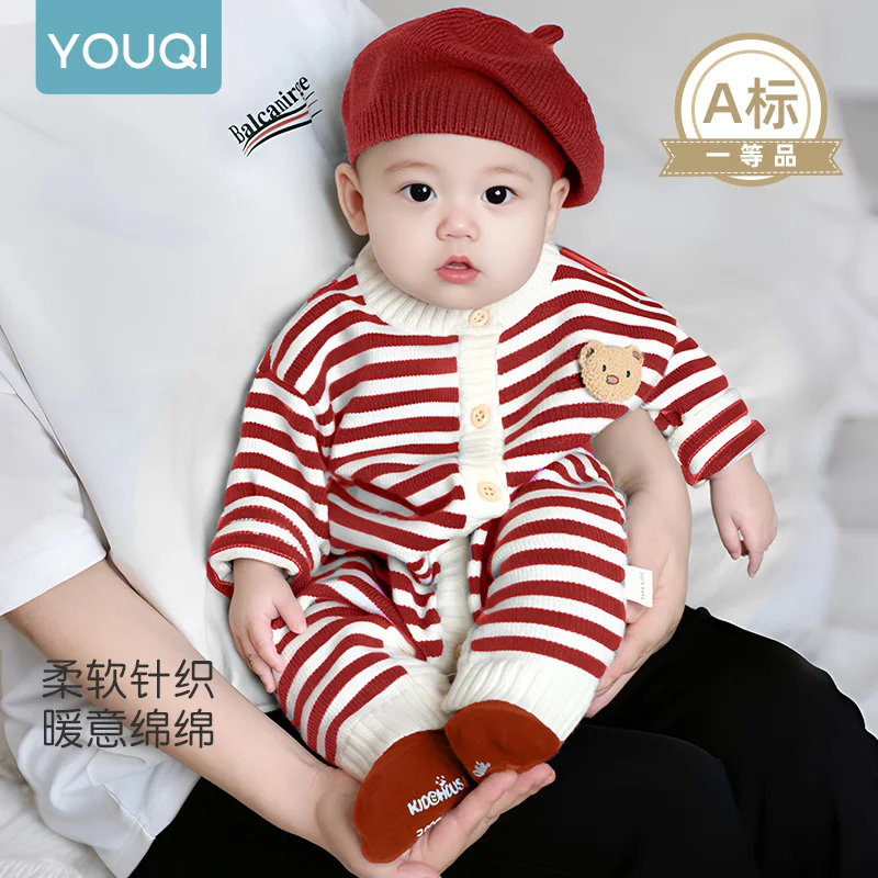 

【Youqi】Chinese Baby Spring and Autumn Long-Sleeved Romper Striped Jumpsuit for Infants Stylish Outing Crawling Clothes