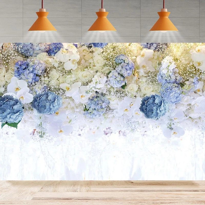 White Blue Flowers Theme Photography Backdrop Rose Floral Wall Wedding Bridal Shower Party Girl Woman Birthday Party Background