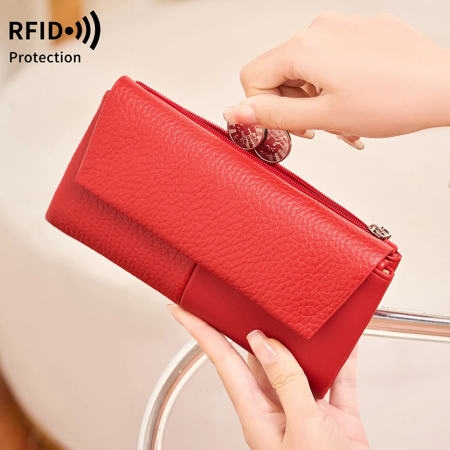 

RFID-кошелек-клатч женский с защитой от краж, многофункциональный, с отделениями для карт и монет, тройной длинный кошелек для телефона