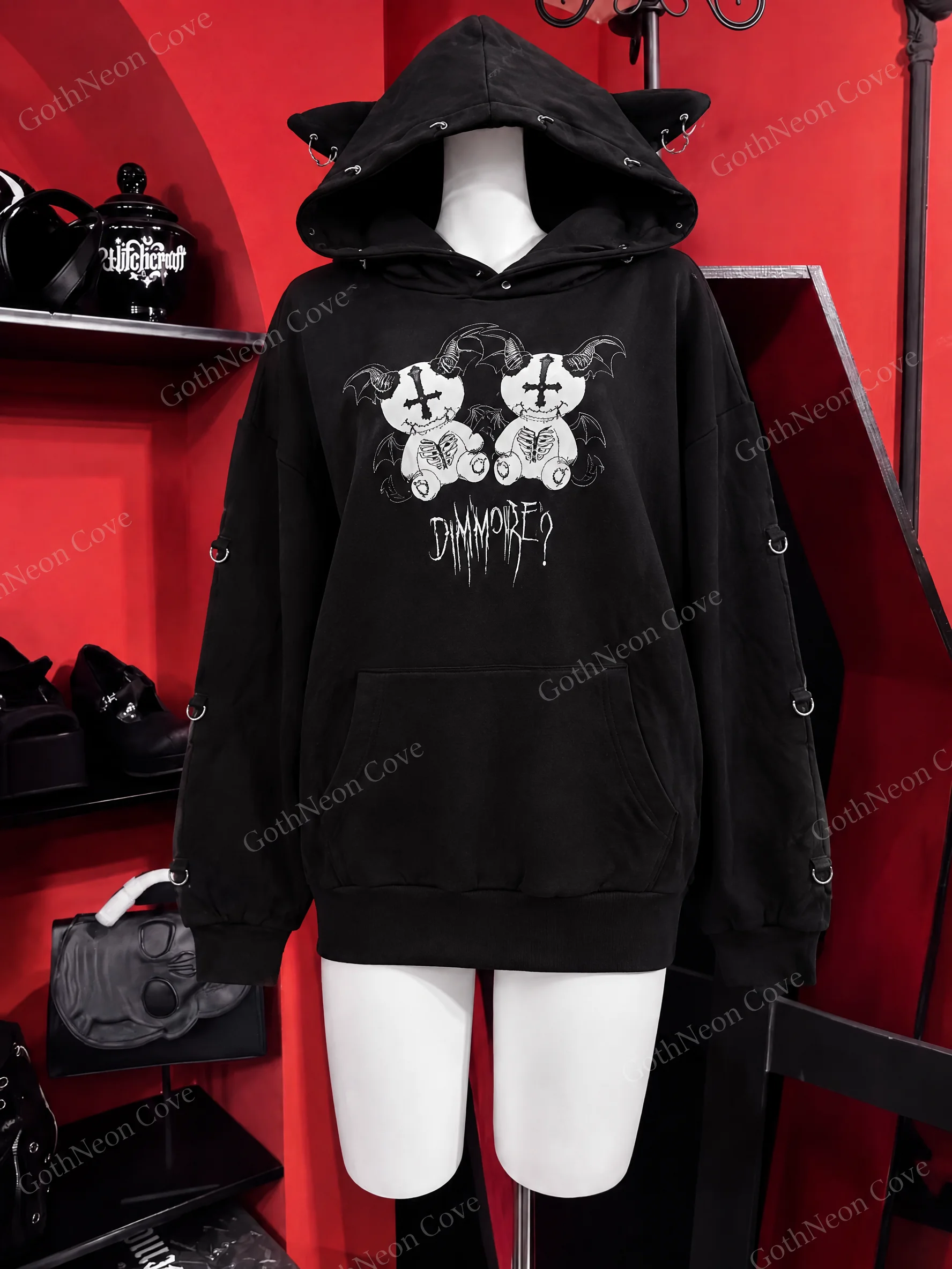 Japanese Dark Gothic Pullover Hoodie Women Heavy Craft Rivet Oversized Sweatshirt Vintage Y2K Punk Harajuku Hoodie Streetwear